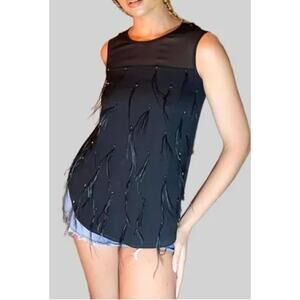 Vince Camuto Black Sleeveless Top With Feathers , Gems whimsigoth,Witchy Sz-L